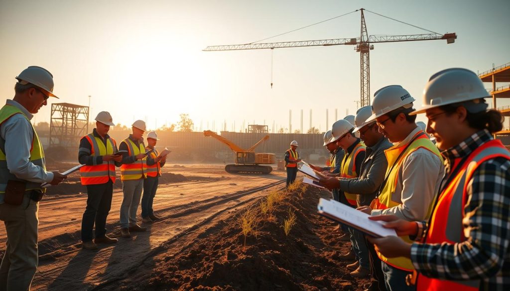 A bustling construction site, with a focus on the soil regulations compliance process. In the foreground, a team of surveyors and inspectors meticulously examining soil samples, clipboards in hand. The middle ground showcases construction equipment, their movements precisely choreographed to ensure adherence to environmental guidelines. In the background, a towering crane casts a long shadow, symbolizing the importance of responsible development. The scene is illuminated by a warm, golden light, conveying a sense of diligence and professionalism. The overall atmosphere is one of careful attention to detail, with a palpable commitment to safeguarding the integrity of the land. A bustling construction site, with a focus on the soil regulations compliance process. In the foreground, a team of surveyors and inspectors meticulously examining soil samples, clipboards in hand. The middle ground showcases construction equipment, their movements precisely choreographed to ensure adherence to environmental guidelines. In the background, a towering crane casts a long shadow, symbolizing the importance of responsible development. The scene is illuminated by a warm, golden light, conveying a sense of diligence and professionalism. The overall atmosphere is one of careful attention to detail, with a palpable commitment to safeguarding the integrity of the land.