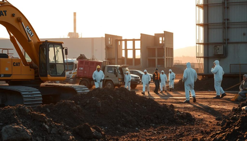 A contemporary industrial site under remediation, with heavy machinery and workers in protective gear digging and transporting soil. The foreground features an excavator carefully removing contaminated earth, while in the middle ground, a team of specialists in hazmat suits oversee the process. The background showcases a partially demolished structure, signifying the ongoing decontamination efforts. The scene is bathed in a warm, golden light, creating a sense of purpose and progress. The overall tone is one of controlled, methodical environmental restoration, reflecting the careful implementation of regulatory requirements. A contemporary industrial site under remediation, with heavy machinery and workers in protective gear digging and transporting soil. The foreground features an excavator carefully removing contaminated earth, while in the middle ground, a team of specialists in hazmat suits oversee the process. The background showcases a partially demolished structure, signifying the ongoing decontamination efforts. The scene is bathed in a warm, golden light, creating a sense of purpose and progress. The overall tone is one of controlled, methodical environmental restoration, reflecting the careful implementation of regulatory requirements.