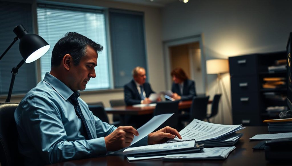 A dimly lit office space, the soft glow of a desk lamp illuminating a scene of careful scrutiny. In the foreground, a businessman sits at his desk, brow furrowed as he reviews a stack of financial documents, meticulously cross-checking numbers and making notes. The middle ground reveals a conference table, where a group of professionals gather, engaging in earnest discussion, their expressions mirroring the gravity of the situation. In the background, a filing cabinet stands tall, a symbol of the organized chaos that surrounds this crucial CRA audit assistance process. The overall atmosphere is one of concentration and determination, as the team navigates the complexities of ensuring compliance. A dimly lit office space, the soft glow of a desk lamp illuminating a scene of careful scrutiny. In the foreground, a businessman sits at his desk, brow furrowed as he reviews a stack of financial documents, meticulously cross-checking numbers and making notes. The middle ground reveals a conference table, where a group of professionals gather, engaging in earnest discussion, their expressions mirroring the gravity of the situation. In the background, a filing cabinet stands tall, a symbol of the organized chaos that surrounds this crucial CRA audit assistance process. The overall atmosphere is one of concentration and determination, as the team navigates the complexities of ensuring compliance.