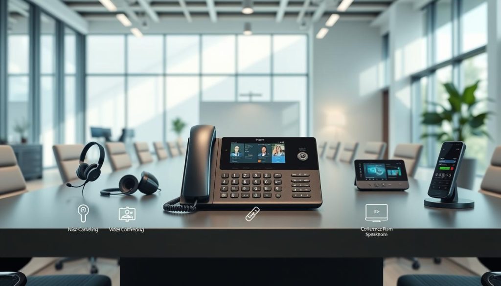 A modern office scene with a large, centrally-placed desk showcasing a selection of Microsoft Teams Phone features. In the foreground, a sleek desktop phone with high-resolution display and intuitive touch controls. To the sides, a headset with noise-cancelling microphone and a conference room speakerphone. On the desk, digital icons and UI elements illustrate seamless call management, video conferencing, and mobile device integration. The background depicts a bright, open-concept workspace with large windows, minimalist decor, and subtle blue and green accents, conveying a professional, technologically-advanced atmosphere. Lighting is soft and diffused, with strategic highlights emphasizing the phone hardware and software features. A modern office scene with a large, centrally-placed desk showcasing a selection of Microsoft Teams Phone features. In the foreground, a sleek desktop phone with high-resolution display and intuitive touch controls. To the sides, a headset with noise-cancelling microphone and a conference room speakerphone. On the desk, digital icons and UI elements illustrate seamless call management, video conferencing, and mobile device integration. The background depicts a bright, open-concept workspace with large windows, minimalist decor, and subtle blue and green accents, conveying a professional, technologically-advanced atmosphere. Lighting is soft and diffused, with strategic highlights emphasizing the phone hardware and software features.