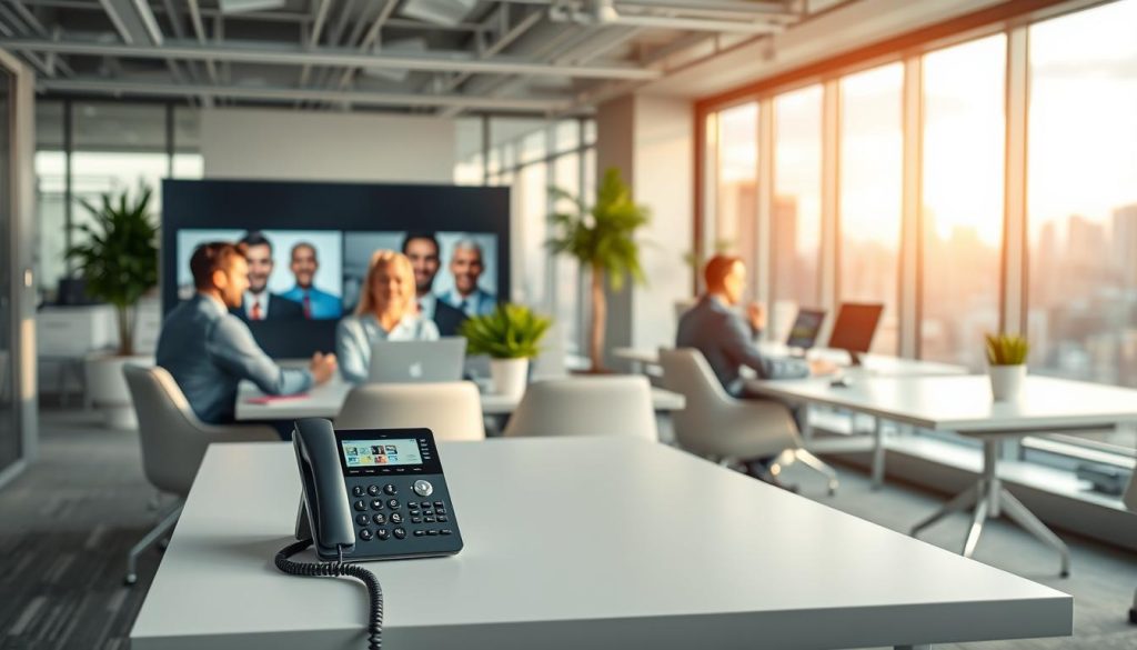 A well-lit office interior with modern furniture and decor. In the foreground, a group of professionals are engaged in a video conference on Microsoft Teams, their faces illuminated by the soft glow of the screens. In the middle ground, a sleek Microsoft Teams Phone device sits on a minimalist desk, its smooth design and intuitive interface showcasing the seamless collaboration capabilities. The background features large windows overlooking a vibrant city skyline, bathed in the warm tones of the afternoon sun, creating a productive and inspiring atmosphere. A well-lit office interior with modern furniture and decor. In the foreground, a group of professionals are engaged in a video conference on Microsoft Teams, their faces illuminated by the soft glow of the screens. In the middle ground, a sleek Microsoft Teams Phone device sits on a minimalist desk, its smooth design and intuitive interface showcasing the seamless collaboration capabilities. The background features large windows overlooking a vibrant city skyline, bathed in the warm tones of the afternoon sun, creating a productive and inspiring atmosphere.